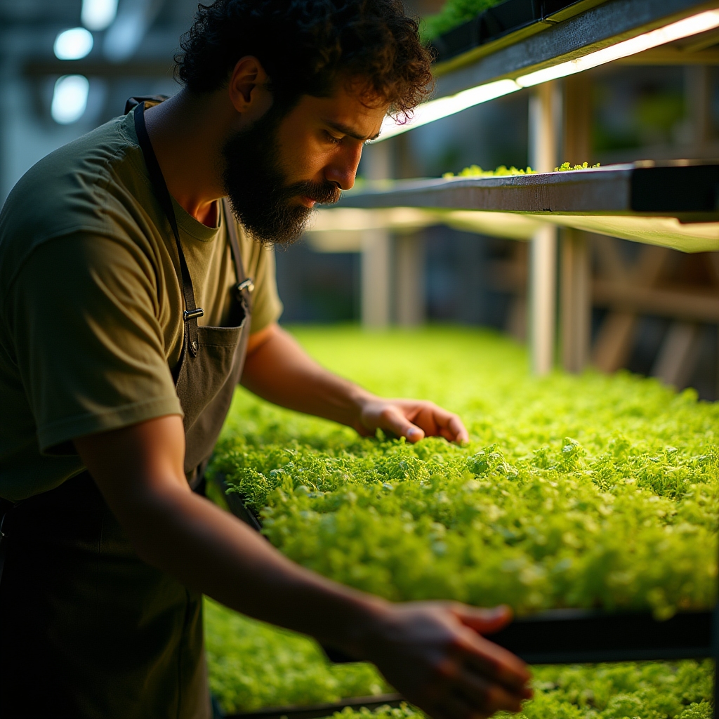 Bandejas de microgreens y lechugas listas para cosecha en un módulo de cultivo vertical