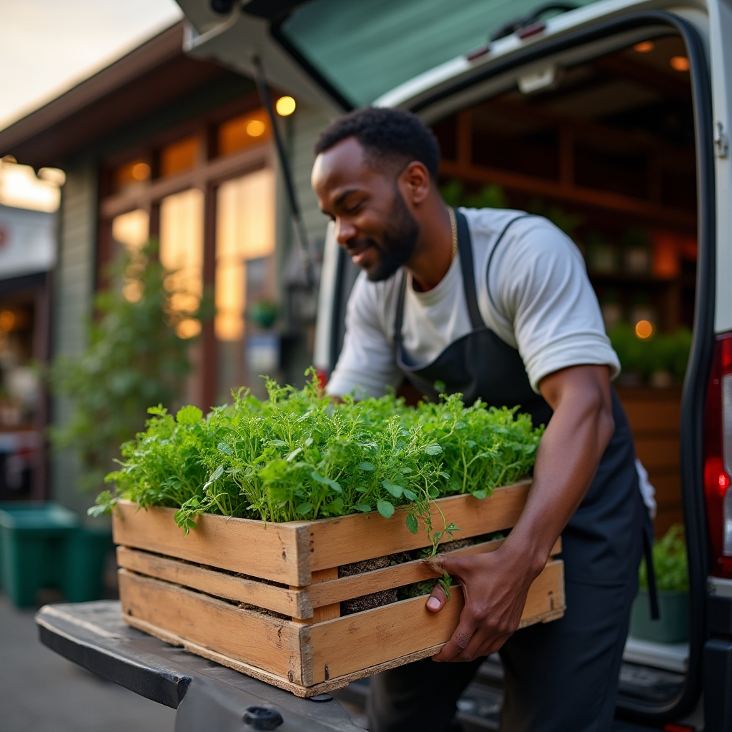 Caja de hierbas aromáticas y microgreens recién cosechadas preparada para reparto a un restaurante local