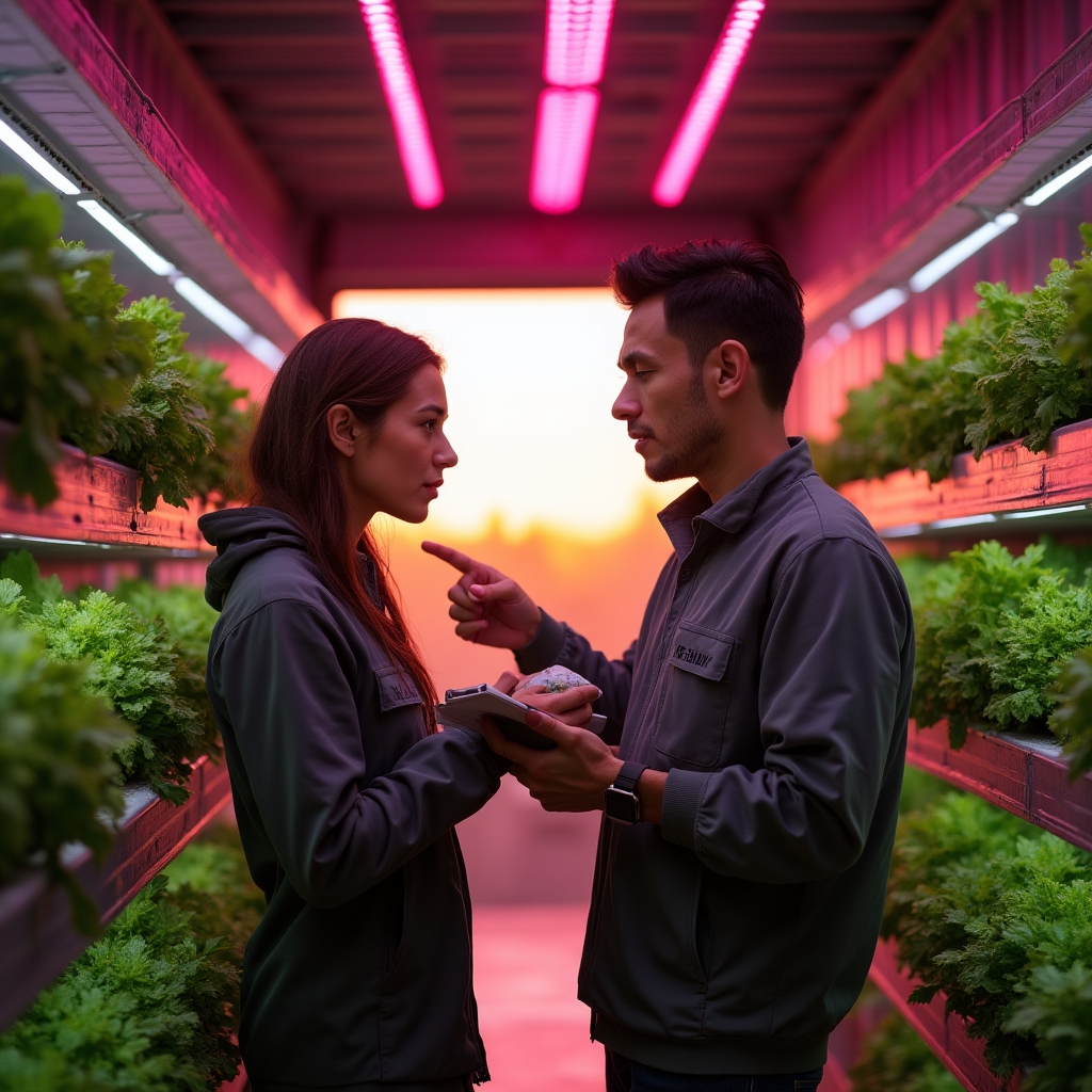 Dos personas revisando el estado de las bandejas de cultivo dentro de un contenedor reconvertido