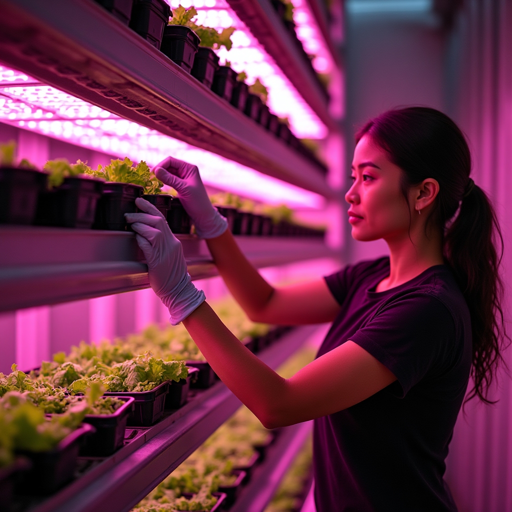 Estanterías metálicas con canales hidropónicos y bandejas de cultivo en varios niveles